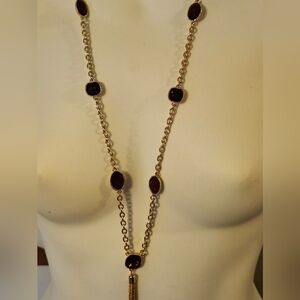 Monet Gold Tone Tassel Long Necklace With Red Gemstones